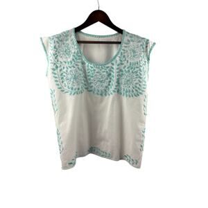 Women’s Handmade 2XL White Sleeveless Blouse w/ Aqua Floral Embroidery